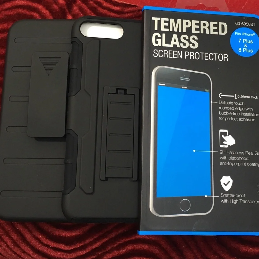 NEW HARD GRIP CASE HOLSTER & GLASS FOR IPHONE 7 PLUS PHONE KIT